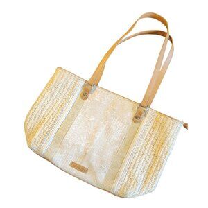 Sakroots Beige & Tan Woven Tote Bag With Leather Straps & Zippers Summer Coastal